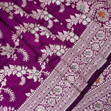Magenta Purple Banarasi Silk Saree With Silver Zari Floral Vine Weave