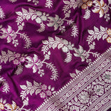 Magenta Purple Banarasi Silk Saree With Silver Zari Floral Vine Weave