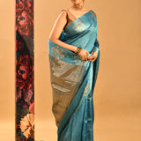 Sky Blue Zari Floral Butti Banarasi Silk Saree