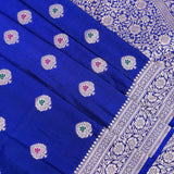 Royal Blue Banarasi Silk Saree With Silver Zari Booti And Temple Border