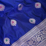 Royal Blue Banarasi Silk Saree With Silver Zari Booti And Temple Border