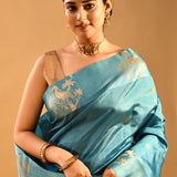 Sky Blue Zari Floral Butti Banarasi Silk Saree