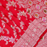 Bright Red Banarasi Silk Saree With Silver Zari Floral Vine Weave