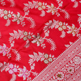 Bright Red Banarasi Silk Saree With Silver Zari Floral Vine Weave