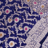 Navy Blue Banarasi Silk Saree With Silver Zari Floral Jaal Weave