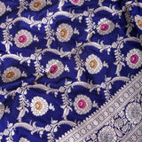 Navy Blue Banarasi Silk Saree With Silver Zari Floral Jaal Weave