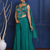 Teal Blue Floral Tissue Indo-Western Set