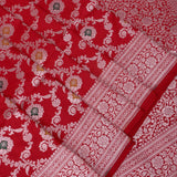 Bright Red Banarasi Silk Saree With Silver Zari Floral Booti Weave