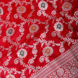 Bright Red Banarasi Silk Saree With Silver Zari Floral Booti Weave