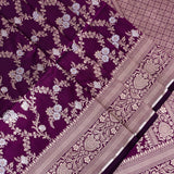 Wine Purple Banarasi Silk Saree With Gold Zari Floral Spray And Diamond Lattice Pallu