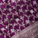 Wine Purple Banarasi Silk Saree With Gold Zari Floral Spray And Diamond Lattice Pallu