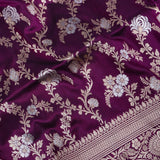 Wine Purple Banarasi Silk Saree With Gold Zari Floral Spray And Diamond Lattice Pallu