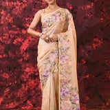 Soft Cream Floral Embroidered Tissue Silk Saree