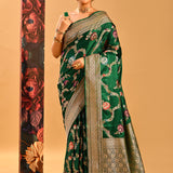 Deeo Forest Green With Ornate Gold And Floral Butti In Banasari Silk Saree