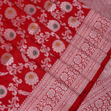Bright Red Banarasi Silk Saree With Silver Zari Floral Booti Weave