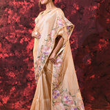 Soft Cream Floral Embroidered Tissue Silk Saree