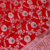 Bright Red Banarasi Silk Saree With Silver Zari Floral Booti Weave