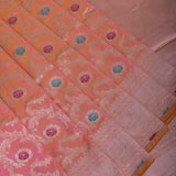 Peach Coral Banarasi Silk Saree With Gold Zari Paisley Medallion Jaal And Chevron Border