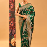 Deeo Forest Green With Ornate Gold And Floral Butti In Banasari Silk Saree
