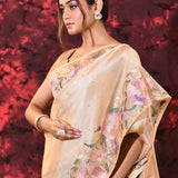 Soft Cream Floral Embroidered Tissue Silk Saree