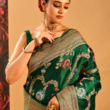 Deeo Forest Green With Ornate Gold And Floral Butti In Banasari Silk Saree