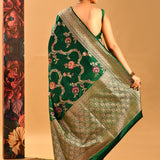 Deeo Forest Green With Ornate Gold And Floral Butti In Banasari Silk Saree