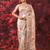 Pale Cream Embroidered Tussar Silk Saree