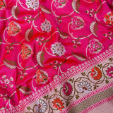 Pink Banarasi Silk Saree With Multicolour Floral Weave And Beige Contrast Border