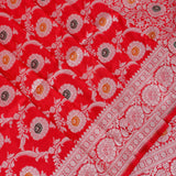 Bright Red Banarasi Silk Saree With Silver Zari Floral Booti Weave