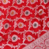Bright Red Banarasi Silk Saree With Silver Zari Floral Booti Weave