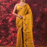 Rich Golden Yellow Embroidered Tussar Silk Saree