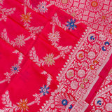 Rani Pink Banarasi Silk Saree With Silver Zari Star Floral Booti And Lattice Pallu