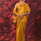 Rich Golden Yellow Embroidered Tussar Silk Saree