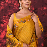 Rich Golden Yellow Embroidered Tussar Silk Saree