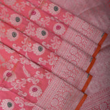 Coral Pink Banarasi Silk Saree With Silver Zari Floral Jaal Weave