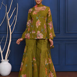 Deep Mehendi Green Floral Tissue Peplum Set