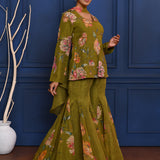 Deep Mehendi Green Floral Tissue Peplum Set