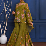 Deep Mehendi Green Floral Tissue Peplum Set