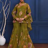 Deep Mehendi Green Floral Tissue Peplum Set