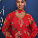 Deep Magenta Pink Floral Tissue Peplum Set