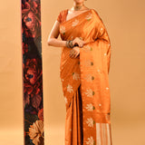 Rust Orange Banarasi Silk Saree With Checks And Butti