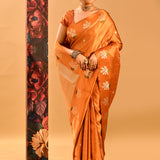 Rust Orange Banarasi Silk Saree With Checks And Butti