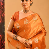 Rust Orange Banarasi Silk Saree With Checks And Butti