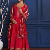 Crimson Red Crepe Anarkali Set