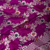 Magenta Banarasi Silk Saree With Silver Zari Floral Butti