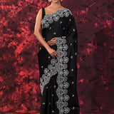 Black Floral Embroidered Silk Blend Saree