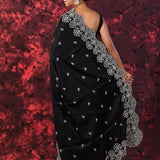 Black Floral Embroidered Silk Blend Saree