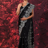 Black Floral Embroidered Silk Blend Saree