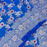 Cobalt Blue Banarasi Silk Saree With Silver Zari Floral Vine And Scroll Border