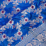 Cobalt Blue Banarasi Silk Saree With Silver Zari Floral Vine And Scroll Border